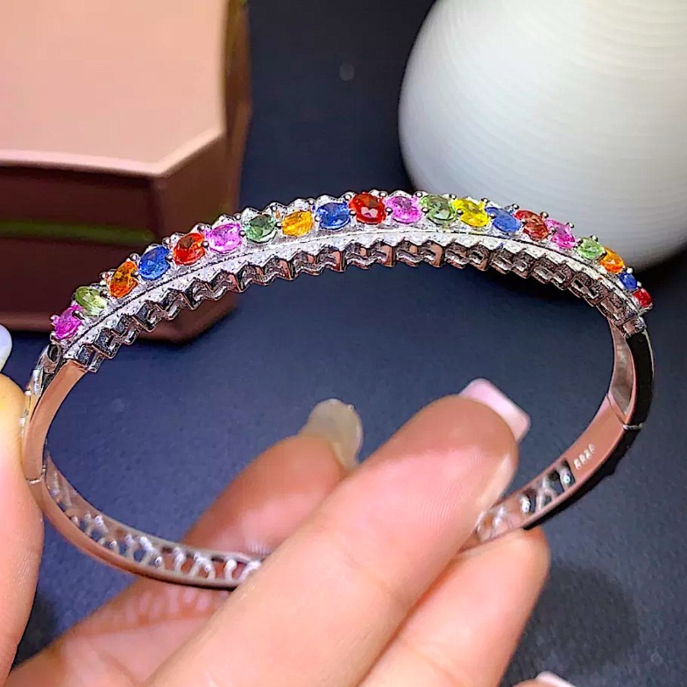 Vintage Natural Multicolor Sapphire Bangle Bracelet - Picture 5 of 6